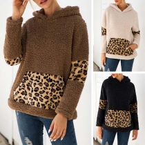 Fashion Leopard Spliced Long Sleeve Hooded Plush Sweatshirt