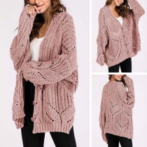 Fashion Solid Color Long Sleeve V-neck Hollow Out Knit Cardigan