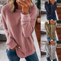 Fashion Solid Color Long Sleeve Round Neck Top