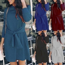 Elegant Solid Color Long Sleeve Round Neck Lace-up Dress
