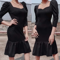 Elegant Solid Color 3/4 Sleeve Square Collar Ruffle Hem Dress