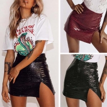 Sexy High Waist Slit Hem Slim Fit PU Leather Skirt