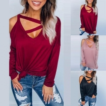 Sexy Off-shoulder Crossover V-neck Long Sleeve Solid Color T-shirt