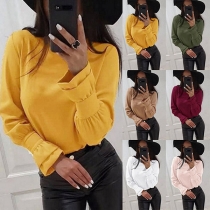 OL Style Long Sleeve Round Neck Solid Color Blouse