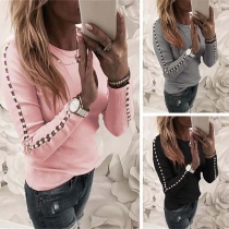 Fashion Beaded Long Sleeve Round Neck SLim Fit Top