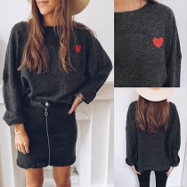 Fashion Heart Embroidery Long Sleeve Round Neck Loose Top