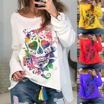 Chic Style Long Sleeve Round Neck Skull-head Printed T-shirt