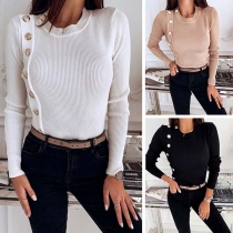 Fashion Solid Color Long Sleeve Round Neck Side-button Top