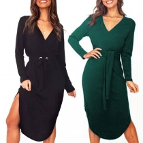 Sexy V-neck Slit Hem Long Sleeve Solid Color Dress