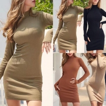 Simple Style Long Sleeve Mock Neck Solid Color Slim Fit Dress(It falls small)
