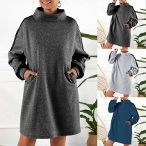 Fashion Contrast Color Long Sleeve High Collar Loose Sweatshirt Dress