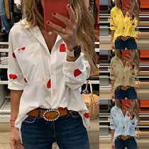 Fashion Heart Printed Long Sleeve POLO Collar Shirt