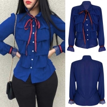 Sweet Style Long Sleeve POLO Collar Ruffle Shirt
