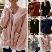Fashion Striped Spliced Long Sleeve Hooded Plush Coat