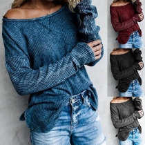 Sexy Boat Neck Long Sleeve Solid Color T-shirt