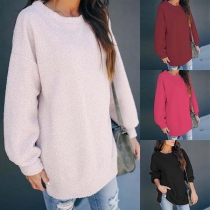 Fashion Solid Color Round Neck Slit Hem Plush Sweatshirt