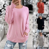 Casual Style Long Sleeve Round neck Solid Color T-shirt