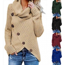 Fashion Long Sleeve Cowl Neck Front-button Irregular Hem Sweater