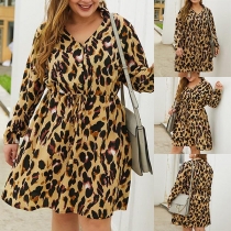 Sexy V-neck Long Sleeve Leopard Printed Plus-size Dress