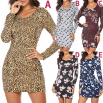 Fashion Long Sleeve Round Neck Slim Fit Printed Dress