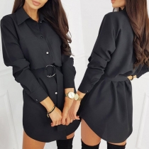 OL Style Long Sleeve POLO Collar Solid Color Shirt Dress