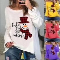 Cute Snowman Printed Long Sleeve Round Neck Loose T-shirt