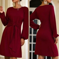 Elegant Solid Color Lantern Sleeve Round Neck Lace-up Dress