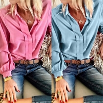 OL Style Long Sleeve POLO Collar Solid Color Shirt