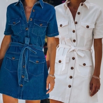 Fashion Short Sleeve POLO Collar Denim Dress with Waist Strap
