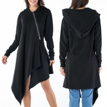Chic Style Long Sleeve Oblique Zipper Irregular Hem Hooded Dress