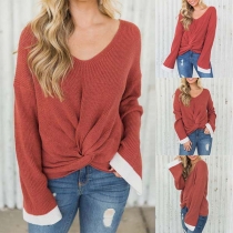 Fashion Contrast Color Trumpet Sleeve V-neck Twisted Hem Top