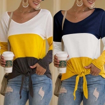 Fashion Contrast Color Long Sleeve Knotted Hem T-shirt