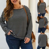 Fashion Long Sleeve Round Neck Plus-size Striped T-shirt