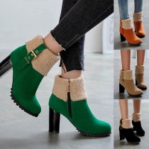 Fashion Thick Heel Round Toe Plush Spliced Ankle Boots Booties