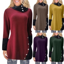 Fashion Contrast Color Long Sleeve Cowl Neck Side-button Top