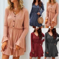 Sexy V-neck Trumpet Sleeve Ruffle Hem Solid Color Dress