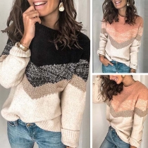 Fashion Contrast Color Long Sleeve Round Neck Sweater
