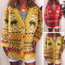 Fashion Long Sleeve V-neck Printed Knit Cardigan