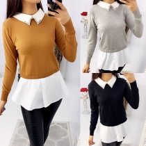 Fashion Contrast Color Long Sleeve Mock Two-piece Top