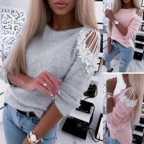 Sexy Off-shoulder Lace Spliced Long Sleeve Round Neck Plush Top