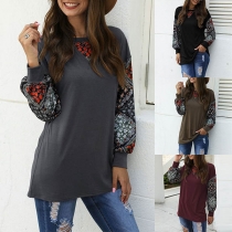 Fashion Printed Spliced Lantern Sleeve Round Neck T-shirt
