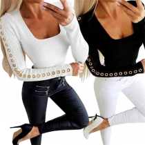 Sexy Low-cut U-neck Hollow Out Long Sleeve Slim Fit Top