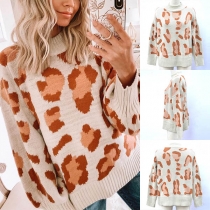 Fashion Leopard Printed Long Sleeve Mock Neck Sweater
