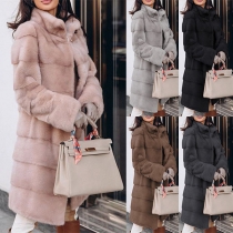 Fashion Solid Color Long Sleeve Stand Collar Plush Overcoat
