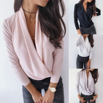 Sexy Deep V-neck Long Sleeve Solid Color Top