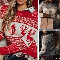 Cute Elk Printed Long Sleeve Round Neck Sweater