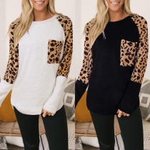 Fashion Leopard Spliced Long Sleeve Round Neck Plush Top