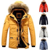 Fashion Solid Color Faux Fur Spliced Hooded Man's Padded Coat