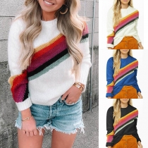Fashion Rainbow Striped Spliced Long Sleeve Round Neck Sweater