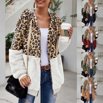 Fashion Leopard Printed Spliced Long Sleeve Hooded Sweatshirt Cardigan